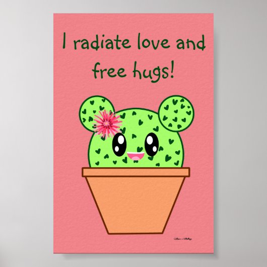 Kawaii Cactus Drawing Free Hugs Pink Poster (Voorkant)