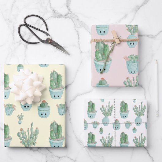 Kawaii Cactus Gift Wrap - reeks 3 Inpakpapier Vel (Voorkant)