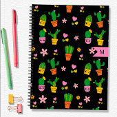 Kawaii Cactus Monogram Zwart Spiraal Notebook Notitieboek