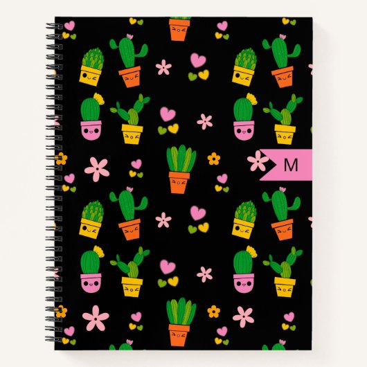 Kawaii Cactus Monogram Zwart Spiraal Notitieboek (Voorkant)
