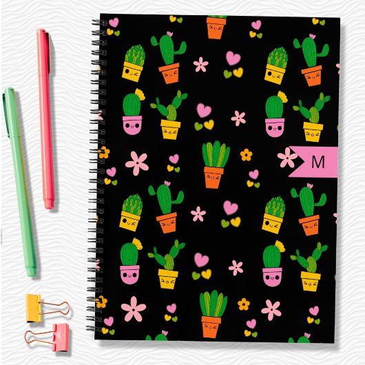 Kawaii Cactus Monogram Zwart Spiraal Notitieboek