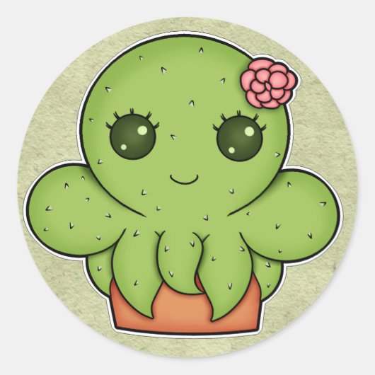 Kawaii Cactus Octopus Ronde Sticker (Voorkant)