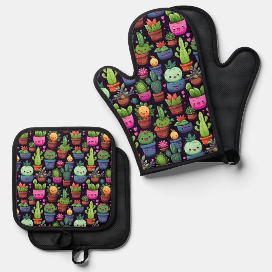 Kawaii Cactus Oven Mitt Set (Voorkant / Achterkant)