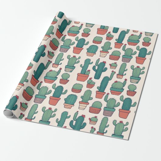 Kawaii Cactus Patroon Ontwerp Cadeaupapier (Uitgerold)