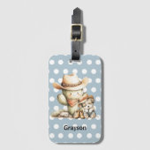 Kawaii Cactus Sleeping Puppy Dog Blue Polka Dot Bagagelabel (Voorkant (verticaal))