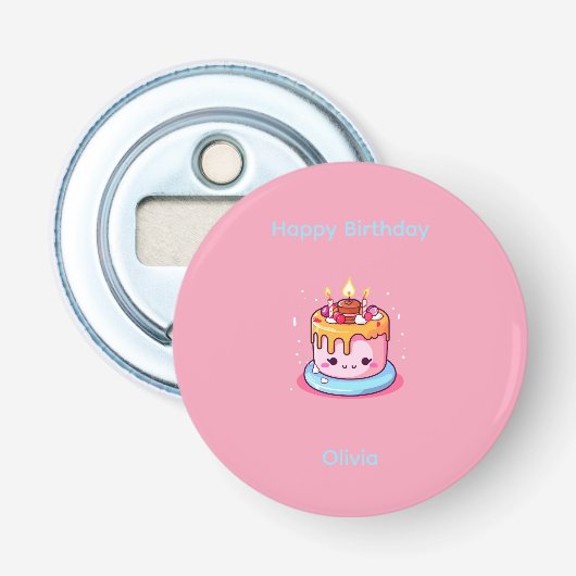 Kawaii cake flesopener roze button flesopener (Voorkant)