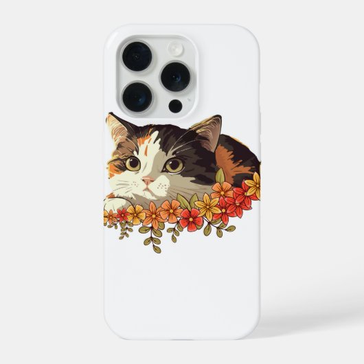 Kawaii Calico Cat Floral Peeking Art iPhone Hoesje (Achterkant)