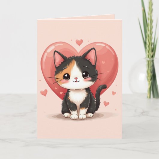 Kawaii Calico Cat Heart Valentine Design Bedankkaart (Voorkant)
