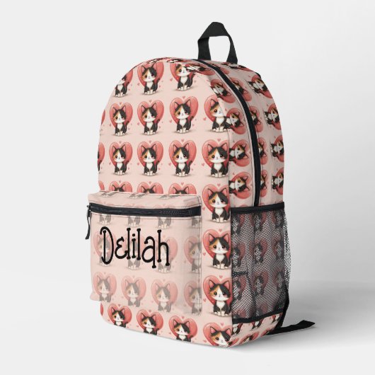 Kawaii Calico Cat Heart Valentine Design Bedrukte Rugzak (Achterkant Hoek Rechts)