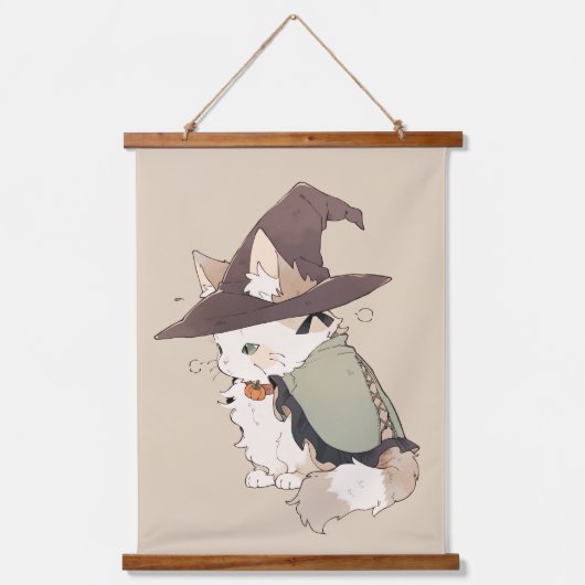 Kawaii Calico Cat Speel een heks Hangend Wandkleed (Voorkant)