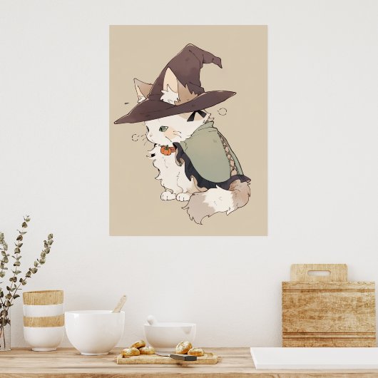 Kawaii Calico Cat Speel een heks Poster (Keuken)