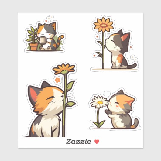 Kawaii Calico Katten en Bloemen Sticker Set (Vel)
