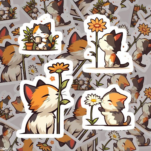 Kawaii Calico Katten en Bloemen Sticker Set