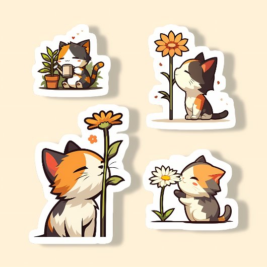 Kawaii Calico Katten en Bloemen Sticker Set