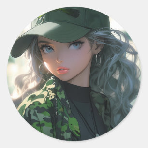 Kawaii camouflage militaire jager boor anime meisj ronde sticker