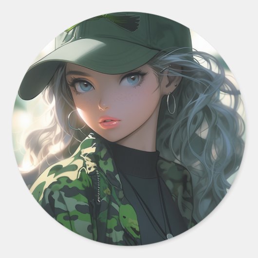 Kawaii camouflage militaire jager boor anime meisj ronde sticker (Voorkant)