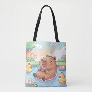 Kawaii capy in een vijver tote bag