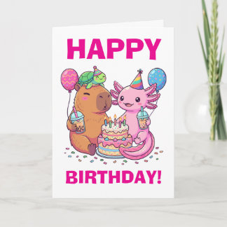 Kawaii Capybara en Axolotl Verjaardagsfeestje Kaart