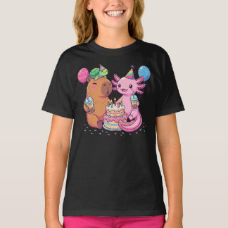 Kawaii Capybara en Axolotl Verjaardagsfeestje T-shirt