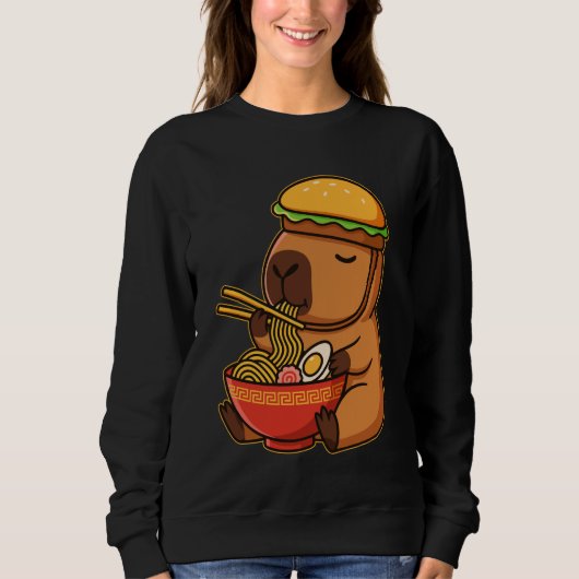 Kawaii Capybara with Burger Hat Eating Japanese Ra Trui (Voorkant)