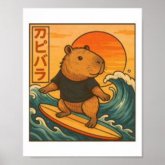 Kawaii Capyra Great Wave Capy Surfing Japan Animat Poster
