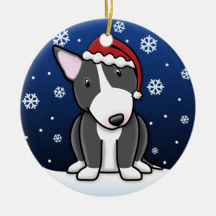 Kawaii Cartoon B&W Bull Terrier Kerstmis Keramisch Ornament