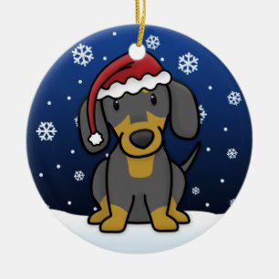 Kawaii Cartoon Black Tan Dachshund Kerstmis Keramisch Ornament
