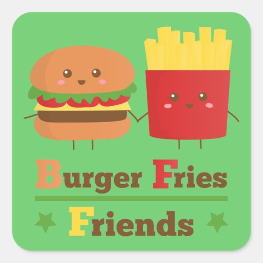 Kawaii Cartoon Burger Fries Friends BFF Vierkante Sticker (Voorkant)
