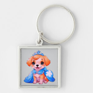 Kawaii cartoon Hond in blauwe jurk en tiara Sleutelhanger