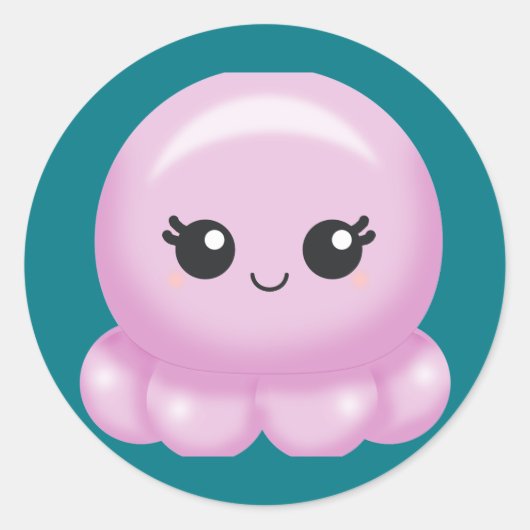 Kawaii Cartoon Pink Octopus Ronde Sticker (Voorkant)