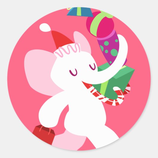 Kawaii Cartoon X-mas White Elephant Ronde Sticker (Voorkant)