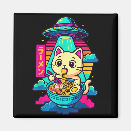 Kawaii Cat Alien Ufo Ramen Graphic Tee Funny Japan Magneet (Voorkant)