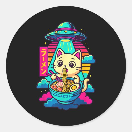 Kawaii Cat Alien Ufo Ramen Graphic Tee Funny Japan Ronde Sticker (Voorkant)