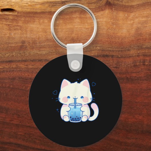 Kawaii Cat Boba Japanese Cute Aesthetic Anime Girl Sleutelhanger (Voorkant)