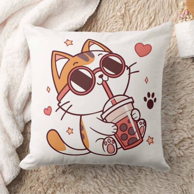 Kawaii Cat Boba Tea Sierkussen – Harten & Sterren (Deken)