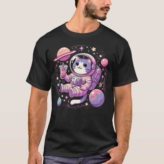 Kawaii Cat Bubble Boba Tea In Space Astronaut T-shirt (Voorkant)