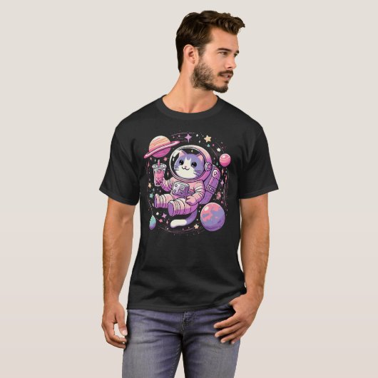 Kawaii Cat Bubble Boba Tea In Space Astronaut T-shirt (Voorkant volledig)