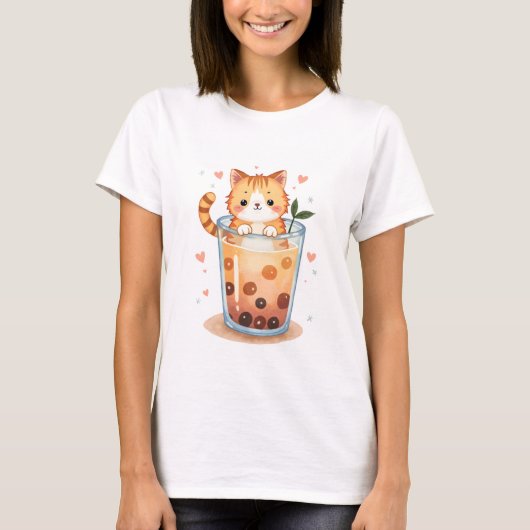 Kawaii Cat Bubble Tea Pastel T-shirt (Voorkant)