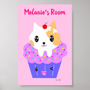 Kawaii Cat Cupcake Gepersonaliseerd Poster
