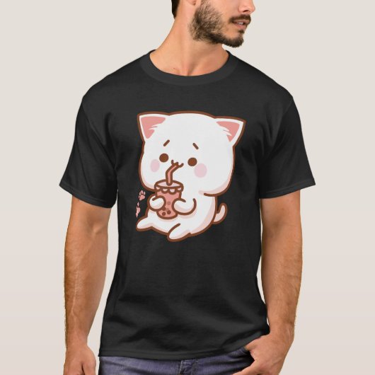 Kawaii Cat Drink Boba Tea T-shirt (Voorkant)