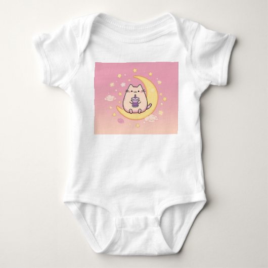 Kawaii Cat Drink Bubble Tea op Crescent Moon Romper (Voorkant)
