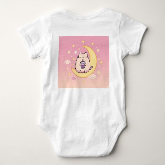 Kawaii Cat Drink Bubble Tea op Crescent Moon Romper (Achterkant)
