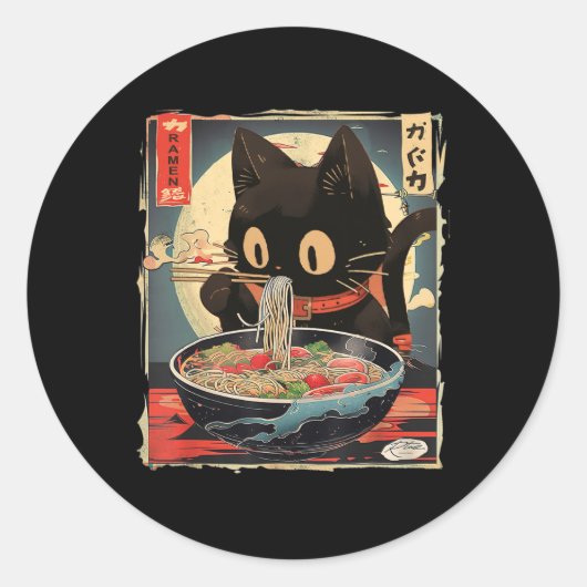 Kawaii Cat Eating Ramen Noodles Anime Gift Meisjes Ronde Sticker (Voorkant)