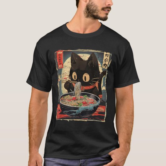 Kawaii Cat Eating Ramen Noodles Japans M T-shirt (Voorkant)
