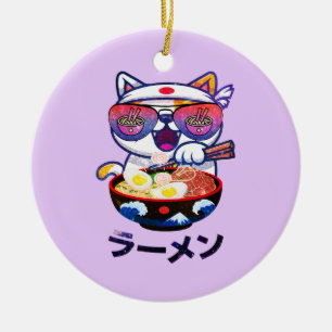 Kawaii Cat Eating Ramen Noodles Keramisch Ornament