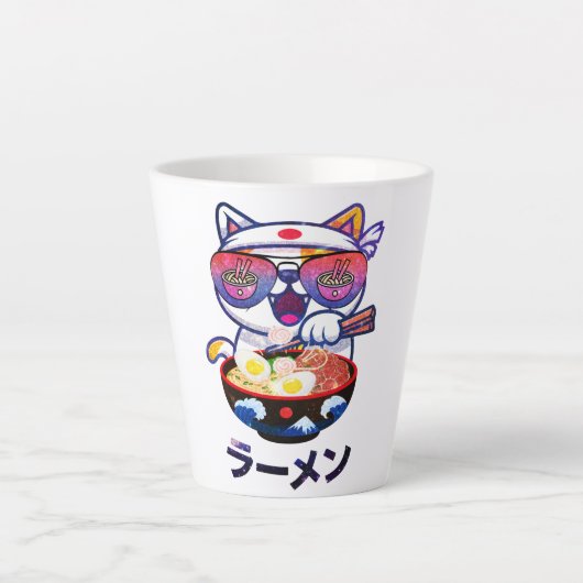Kawaii Cat Eating Ramen Noodles Latte Mok (Voorkant)