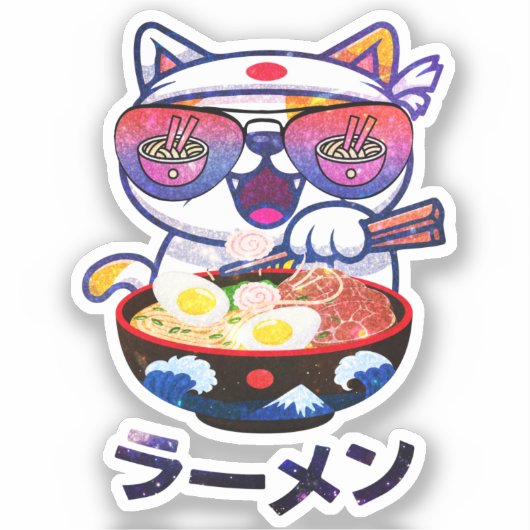 Kawaii Cat Eating Ramen Noodles Sticker (Voorkant)
