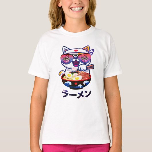 Kawaii Cat Eating Ramen Noodles T-shirt (Voorkant)