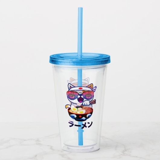 Kawaii Cat Eating Ramen – Schattigee Japanse noede Acryl Drinkbeker (Voorkant)