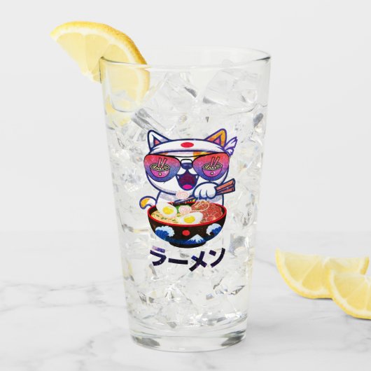 Kawaii Cat Eating Ramen – Schattigee Japanse noede Glas (Voorkant ijs)
